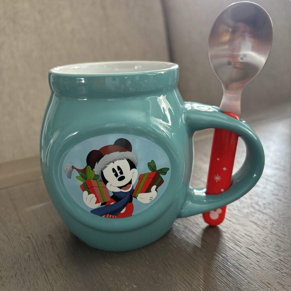 Disney 2022 Teal Mickey Mouse Christmas Mug With Spoon 4‎ 1/4"